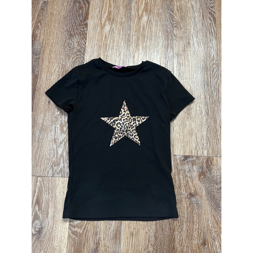 Edikted Shirt Womens Black Small Leopard Cheetah Print Star Patch Short Sleeve